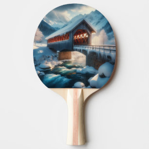 Pala De Ping Pong Invierno, puente cubierto de nieve y río