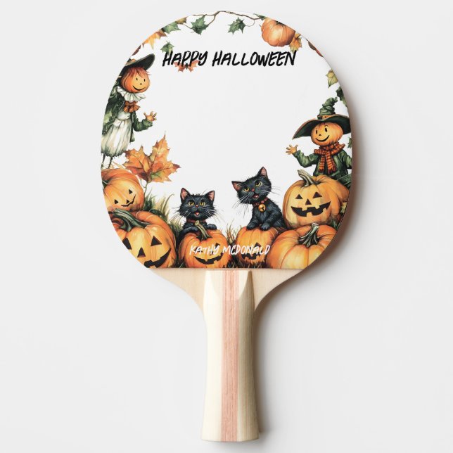 Pala De Ping Pong Jack o Lantern, gatos negros y espantapájaros (Anverso)