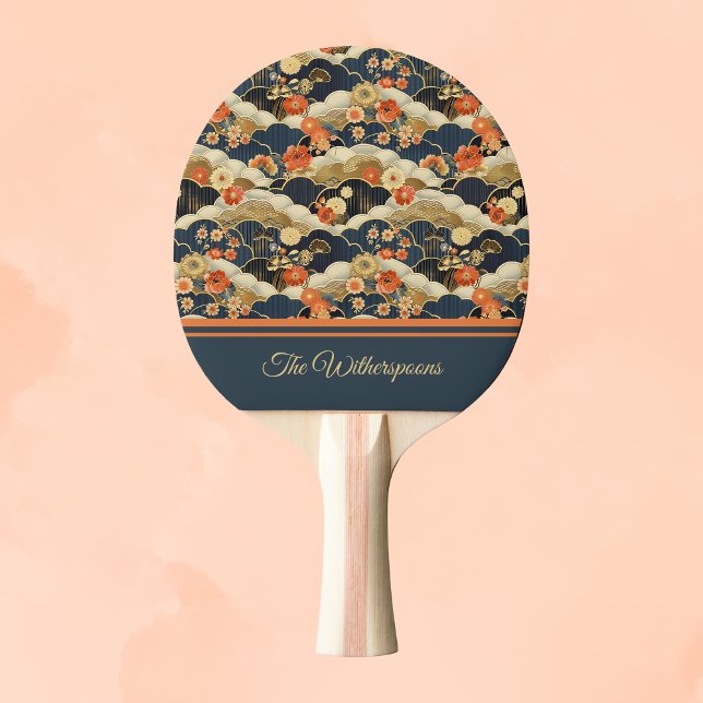 Pala De Ping Pong Japanese Style Retro Teal Floral and Clouds Print (Subido por el creador)