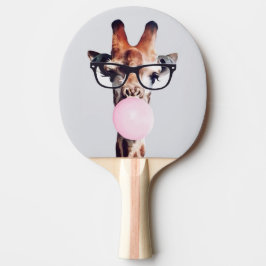 Pala De Ping Pong Jirafa con gafas soplando un chicle rosa