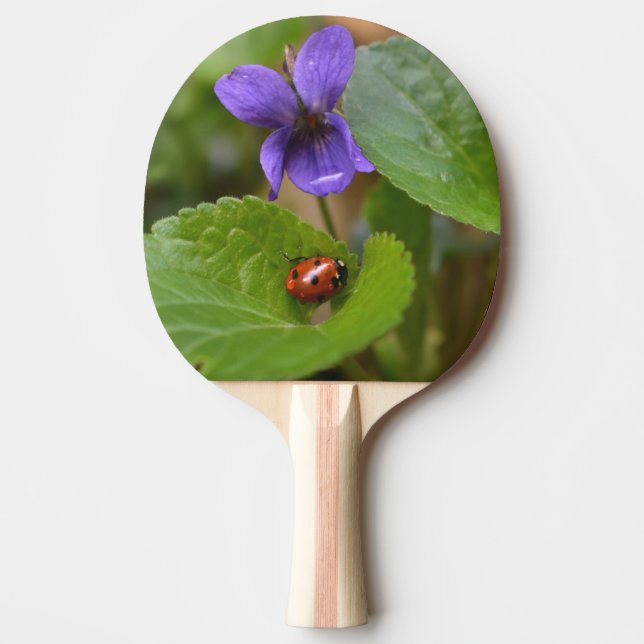 Pala De Ping Pong Ladybug sobre las dulces flores violetas (Anverso)