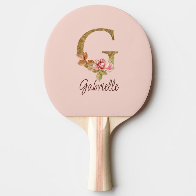 Pala De Ping Pong Letra de nombre personalizado G Lámina dorada Rosa (Anverso)
