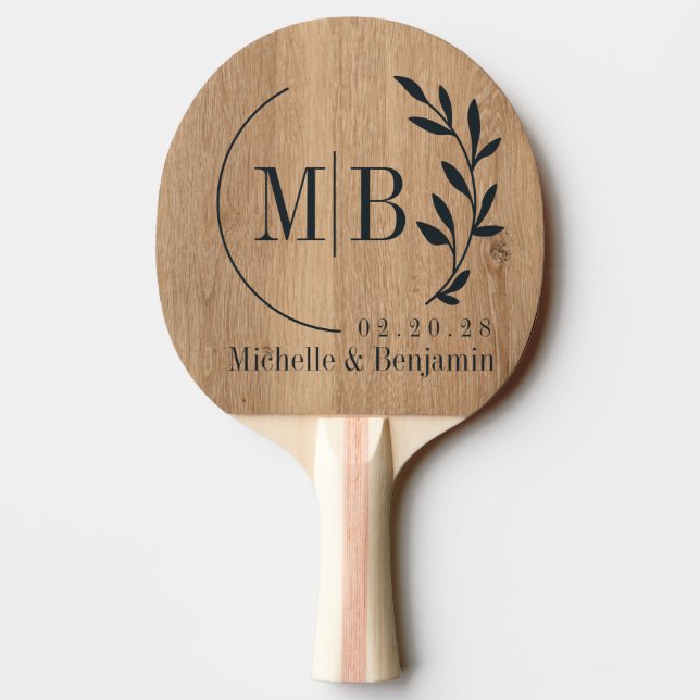 Pala De Ping Pong Light Teak Wood Leaf Wedding Monogram (Reverso)