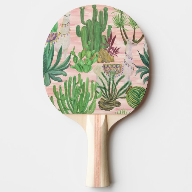 Pala De Ping Pong Llamas acuarelas y patrones de cactus. (Anverso)