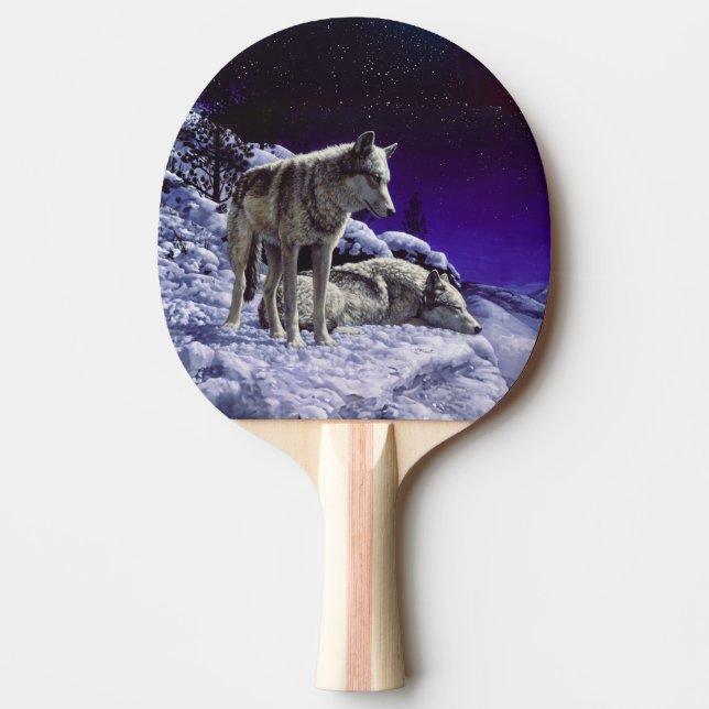 Pala De Ping Pong Lobos grises en la nieve de invierno de noche (Anverso)