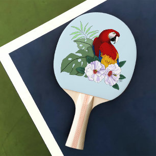 Pala De Ping Pong Loro Guacamayo Rojo Floral Hibisco Tropical Blanco