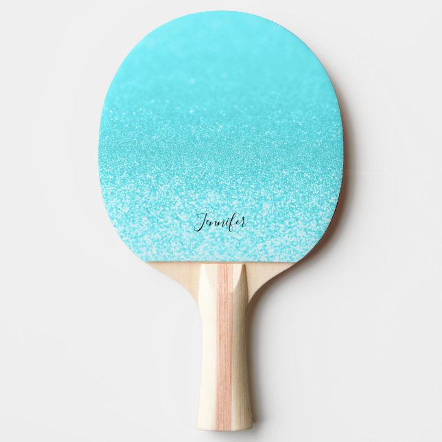 Pala De Ping Pong Luces Verde azuladas de Purpurina azul personaliza (Anverso)