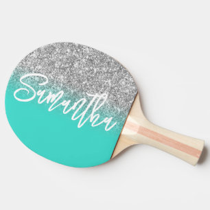 Pala De Ping Pong Lujo Brillo Plateado Turquesa Ombre Personalizado