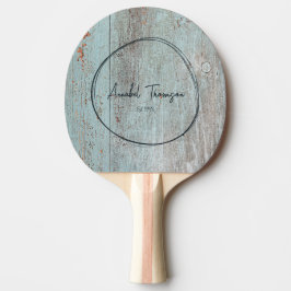 Pala De Ping Pong Madera Azul Pintada Nombre en Círculo Dibujado