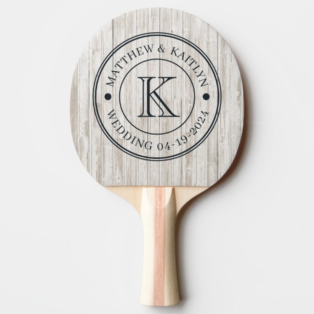 Pala De Ping Pong Madera Blanqueada Monograma de Boda (Reverso)