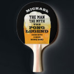 Pala De Ping Pong Man Myth Legend Funny Beer<br><div class="desc">Paddle de tenis de mesa de ping-pong con chistoso "El hombre, el mito, la leyenda... ¡Incluso con una cerveza en una mano!", cita y nombre en la parte superior con un espumoso fondo de imagen de jarra de cerveza. Cambie el nombre para crear un regalo único y divertido para su...</div>