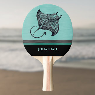 Pala De Ping Pong Manta Ray on Teal Faux Brushed Metal Monogrammed