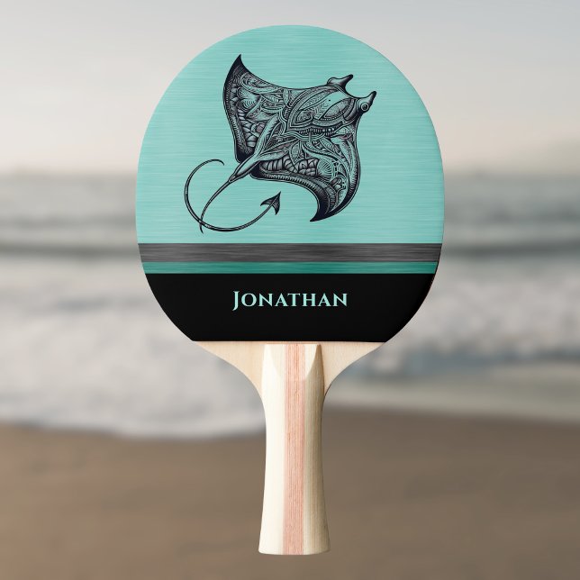Pala De Ping Pong Manta Ray on Teal Faux Brushed Metal Monogrammed (Subido por el creador)