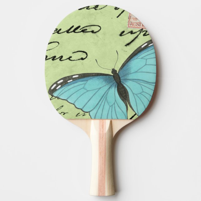 Pala De Ping Pong Mariposa Azul-Coa alas en la postal verde azulada (Anverso)