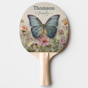 Pala De Ping Pong Mariposa Azul Vintage Floral Jardín Familia