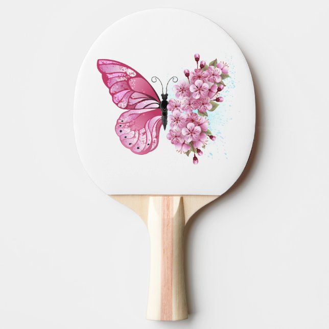 Pala De Ping Pong Mariposa de flores con Sakura rosa (Anverso)
