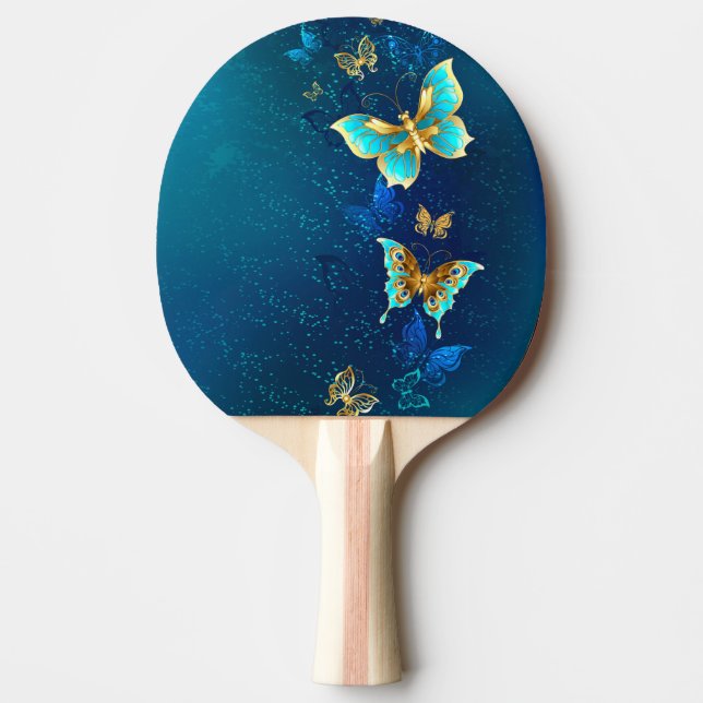 Pala De Ping Pong Mariposas doradas sobre fondo azul (Anverso)
