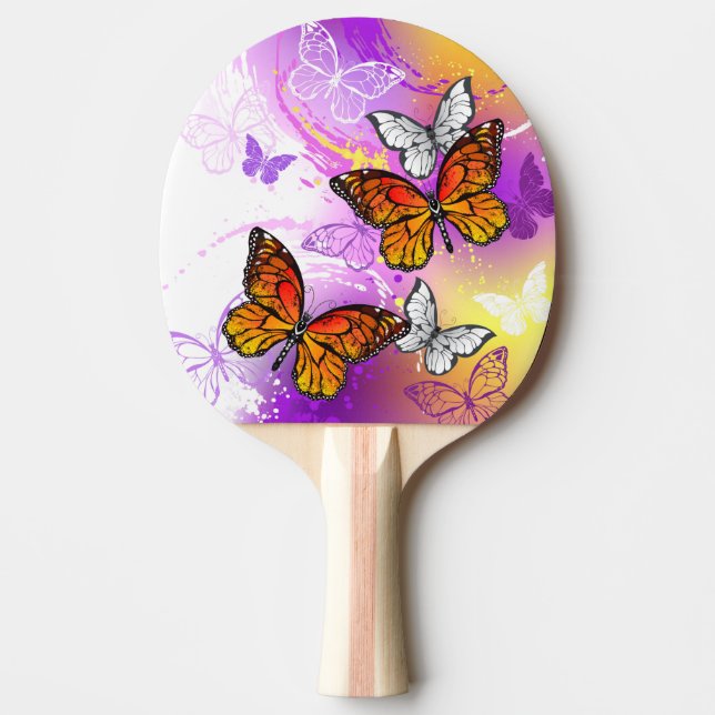 Pala De Ping Pong Mariposas monarcas en fondo morado (Anverso)
