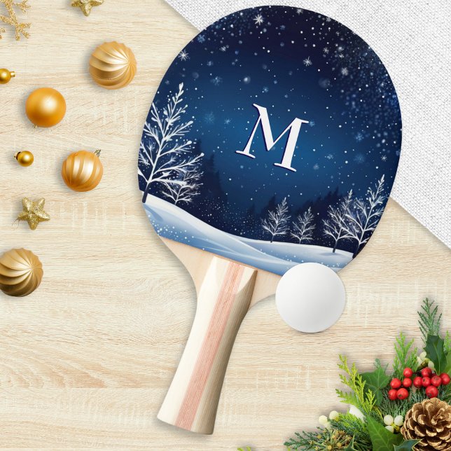 Pala De Ping Pong Medianoche Blue Sky Stars Monogrammed Winter (A monogrammed Christmas ping pong paddle, with winter snow scene and midnight blue sky with stars)