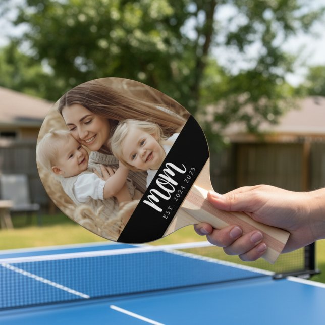 Pala De Ping Pong Minimal Mom Established Script Black Photo (fun custom photo mom established date years ping pong paddle gift for mother's day or christmas)