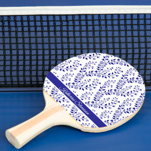 Pala De Ping Pong Minimalista moderno azul marino blanco guión flora
