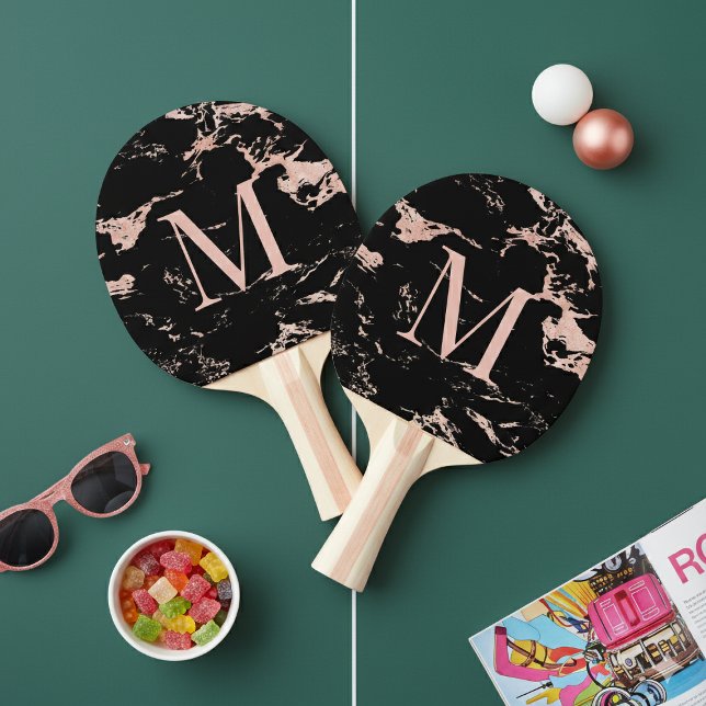 Pala De Ping Pong Moda Monograma Rosa de mármol negro (Chic Black Marble Rose Gold Foil Monogram Ping Pong Paddle)