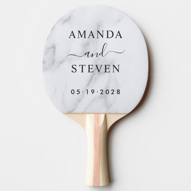 Pala De Ping Pong Modern Clean White Couple Names with Wedding Date (Reverso)
