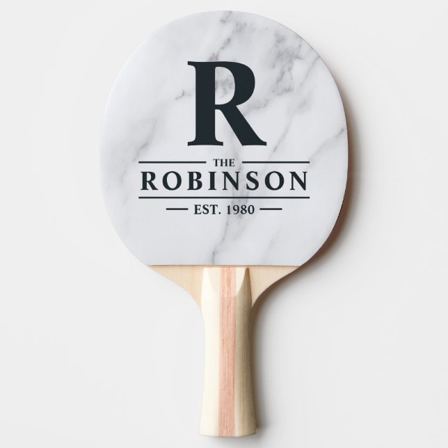 Pala De Ping Pong Modern Clean White Marble Family Name & Initial (Anverso)