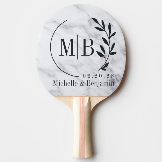 Pala De Ping Pong Modern Clean White Marble Leaf Wedding Monogram (Anverso)