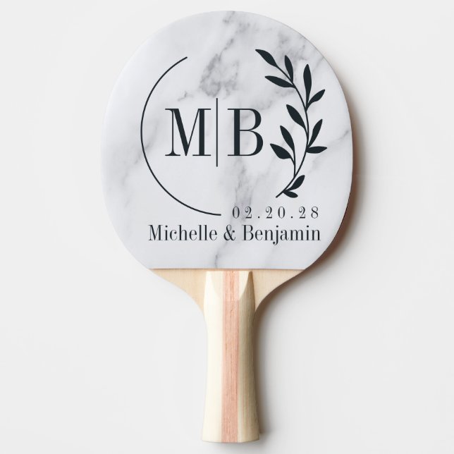 Pala De Ping Pong Modern Clean White Marble Leaf Wedding Monogram (Anverso)
