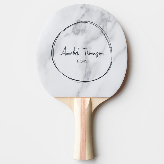 Pala De Ping Pong Modern Clean White Marble Name in Drawn Circle  (Anverso)