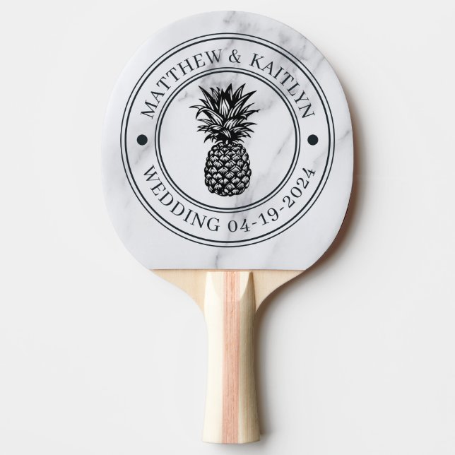 Pala De Ping Pong Modern Clean White Pineapple Wedding Crest & Names (Anverso)