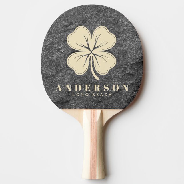 Pala De Ping Pong Modern Dark Granite Four Leaf Clover with Name (Anverso)