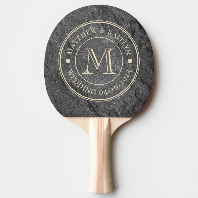 Pala De Ping Pong Modern Dark Granite Stone Wedding Monogram (Anverso)