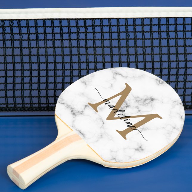 Pala De Ping Pong Modern Marble Gold Girly Script Monogram (in situ)