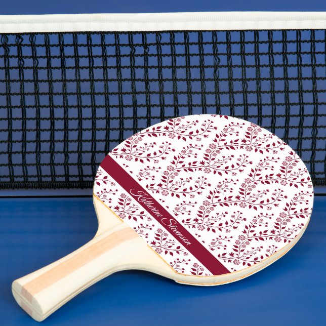 Pala De Ping Pong Modern Minimalist Burgundy Red White Floral Script (in situ)
