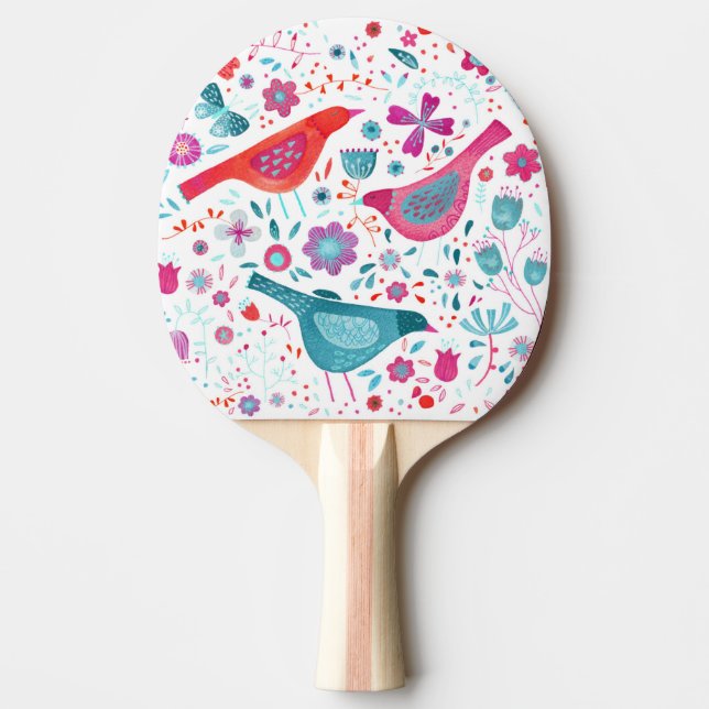 Pala De Ping Pong Moderna acuarela floral de aves (Anverso)