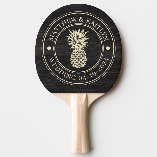 Pala De Ping Pong Modest Dark Wood Pineapple Wedding Crest & Names (Anverso)