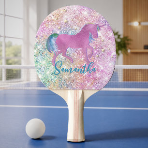 Pala De Ping Pong Monograma brillante de unicornio arcoíris rosa lin