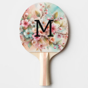 Pala De Ping Pong Monograma de acuarela floral rosas flores de cerez