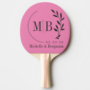 Pala De Ping Pong Monograma de boda con hoja rosa y negra