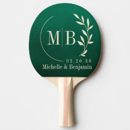 Pala De Ping Pong Monograma de Boda con Hoja Verde Esmeralda
