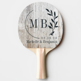 Pala De Ping Pong Monograma de Boda de Hoja de Madera Blanqueada Det
