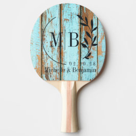 Pala De Ping Pong Monograma de boda de hoja de madera lavado azul