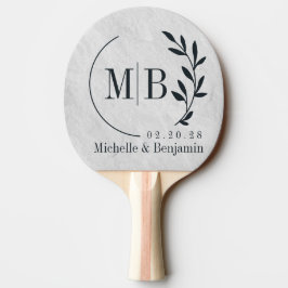 Pala De Ping Pong Monograma de Boda de Hoja de Piedra de Mármol Blan