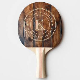 Pala De Ping Pong Monograma de boda de madera oscura manchada brilla