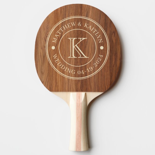 Pala De Ping Pong Monograma de boda en madera de roble rojo (Reverso)