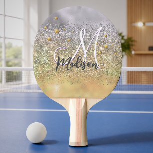 Pala De Ping Pong Monograma de estrellas brillantes de plata dorada