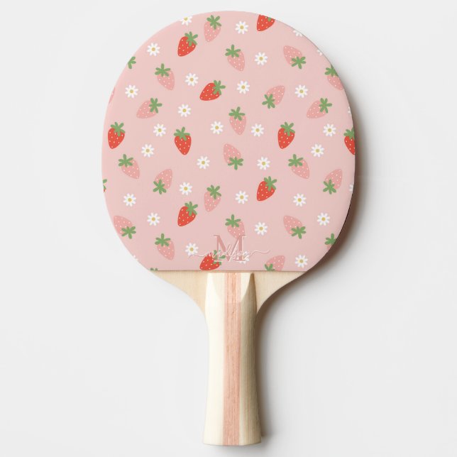 Pala De Ping Pong Monograma de fresas rosadas y rojas dulces (Anverso)