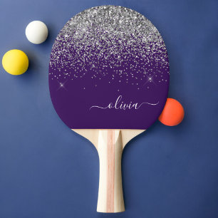 Pala De Ping Pong Monograma de Girly Glam Purpurina de Plata Púrpura